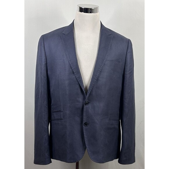 H&M 44R Sport Coat Linen Blend Blue Gray Two Button Lined Double Vented - Picture 2 of 8